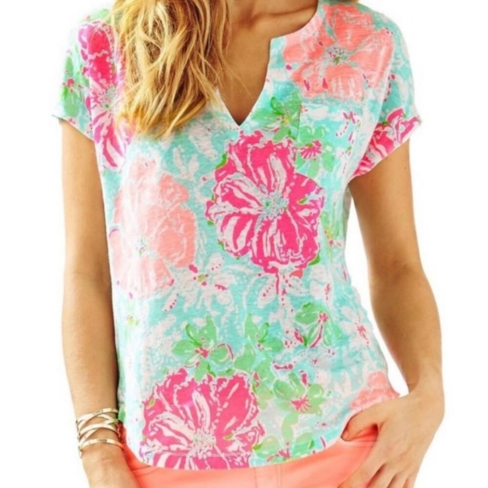 Lilly Pulitzer Beach Walk Poolside V Neck Duval Short Sleeve Top XS